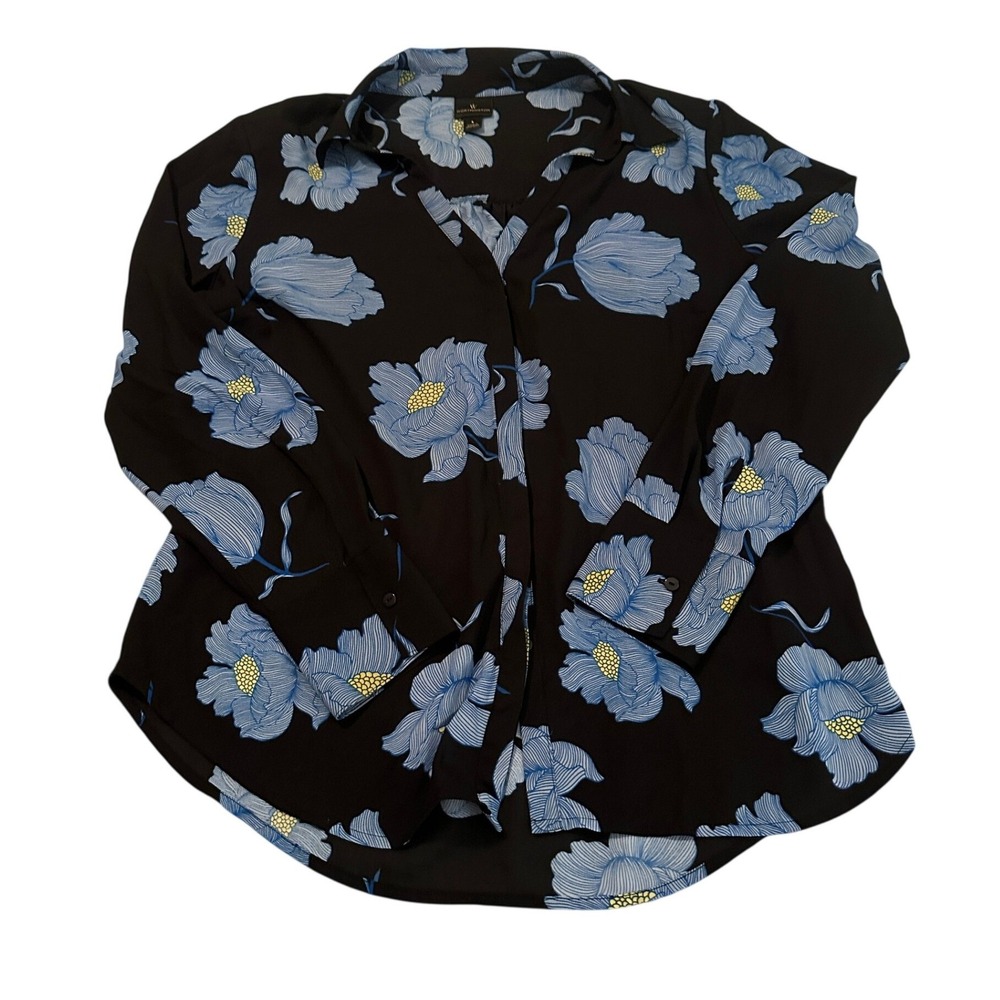 Worthington Womens Black Blue Floral V-Neck Long Sleeve Blouse Top Size L